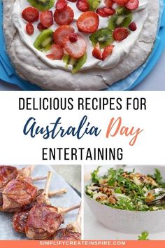 various food items with the words delicious recipes for australia day entertaining on top and bottom