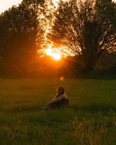 a person laying in the grass with the sun setting behind them and trees on either side