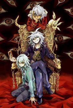 two anime characters sitting on top of a chair in front of an evil eye background