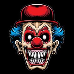 an evil clown face with blue hair and red hat