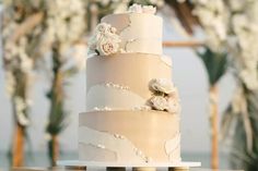 a wedding cake with white flowers on top