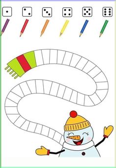 a coloring page with a snowman wearing a hat and mittens, holding two colored pencils