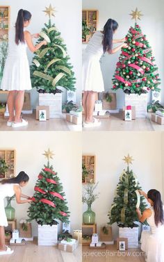 How to decorate a Christmas tree with ribbons in 4 beautiful ways. Step by step DIY with easy, fast, & low cost home decor tips & best ideas! - A Piece of Rainbow, Christmas color schemes, elegant, vintage, ornaments, tree topper, pink, green, silver, metallic, budget decor Diy Decorating Christmas Tree, How To Decorate Real Christmas Tree, Christmas Tree Cluster Ideas, Different Ways To Use Ribbon On Christmas Tree, How To Decorate A Small Christmas Tree Ideas, How To Make Christmas Tree At Home, Christmas Tree Decor On A Budget, Decorating A Christmas Tree Step By Step, How To Put Tulle On Christmas Tree