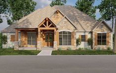 this is an artist's rendering of the front elevation of a house with stone and wood accents