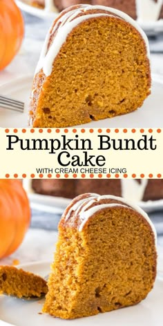 pumpkin bundt cake with cream cheese icing is cut in half and sits on a plate