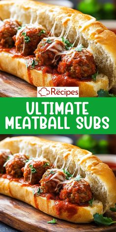 the ultimate meatball sub sandwich is ready to be eaten and served on a cutting board