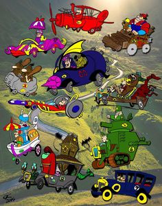 an image of many cartoon cars going down the road in different colors and sizes on a hill