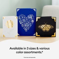 three greeting cards with the words available in 3 sizes & various colors as well as an image of a butterfly