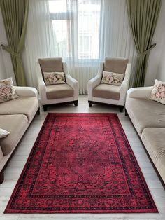 a living room with two couches and a rug in front of a window on the floor