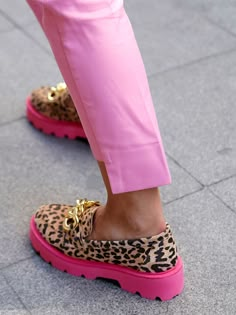 Geumxl Pink Sole Leopard Genuine Leather Genuine Suede Loafer Punk Des Autumn Shopping, Punk Design, Design Shoes, Platform Loafers, Fabulous Shoes, Women's Loafers, Pink Leopard, Suede Loafers, Crazy Shoes