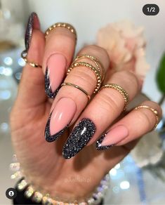 Prom Nails Black Almond, Black Bridesmaid Nails, Black Nail Designs Prom, Black Glitter Nails French Tips, Nye Nails Almond Shape, Black And White Glitter Nails, Glitter New Years Nails, Black Glitter French Tip Nails, Silver Tip Nails