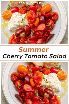 two plates filled with different types of food on top of a white plate and the words summer cherry tomato salad