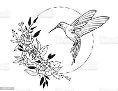 a hummingbird flying through the air with flowers on it's back and its wings spread