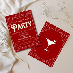 a red and white party card with an image of a martini glass on the front