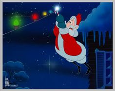 an animated santa claus flying through the night sky with his hand in the air and lights on