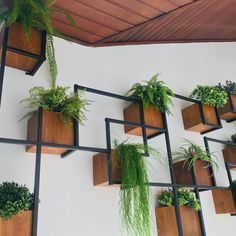 several wooden planters with green plants in them hanging on the side of a wall