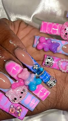 Kawaii Nails Acrylic, Kitty Nails, Diy Acrylic Nails, Hello Kitty Nails, Cute Acrylic Nail Designs, Y2k Nails