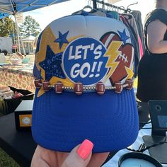 Blue/ Yellow Game Day Football Trucker Hat. Sports Trucker Hat, Mama Trucker Hat, Painted Trucker Hats, Trucker Hats With Patches, Trucker Hat Ideas, Junk Socks, Hat Bar, Game Day Football, Patch Hats