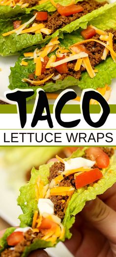 taco lettuce wraps with cheese and tomatoes on top are being held up