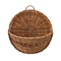 a brown wicker basket with handles on a white background