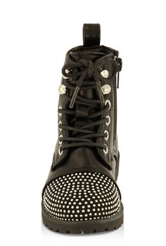 Combat Boot, Round Toe, No Heel: Less than 1 inches, Grommets, Lace Up, Rhinestones, Studded, Zippers, Solid, Item Number 3736076650011 Rhinestone Combat Boots, Combat Boots Black, Weatherproof Boots, Clear Shoes, Plus Lingerie, Fur Shoes, Rhinestone Shoes, Metallic Shoes, Combat Boot