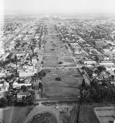 an aerial view of a large city with lots of buildings and trees in the foreground