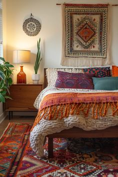 a bed with colorful pillows on top of it next to a lamp and potted plant