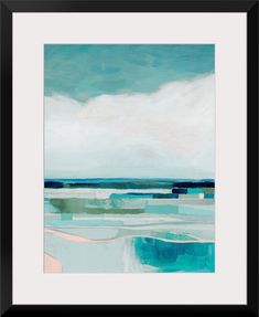 an abstract painting with blue, green and white colors on the water in front of a cloudy