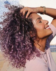 Curly Hair Lavender Highlights, Purple Curly Hair, Curly Purple Hair, Ombre Curly Hair, Hair Colour Design, Curly Color, Dyed Curly Hair, Underneath Hair, Highlights Curly Hair