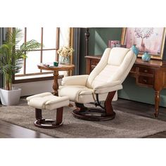 a white recliner chair and ottoman in a living room