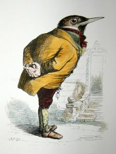 a drawing of a bird standing on its hind legs and wearing a yellow coat with a red tie