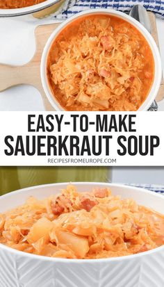 an easy to make sauerkraut soup recipe in a white bowl with text overlay