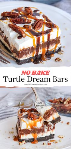 These No-Bake Turtle Dream Bars will excite your taste buds with an Oreo cookie crust, cheesecake layer, chocolate pudding, caramel, pecans, and Cool Whip! The perfect dessert for chocolate lovers! No Bake Turtle Cheesecake Recipes, Brownie Crust Desserts, Million Dollar Dessert Recipes, No Bake Turtle Lush, Turtle Deserts, Nobake Dessert Recipes, Turtle Lush Dessert, Pudding Cheesecake No Bake, Fall No Bake Desserts