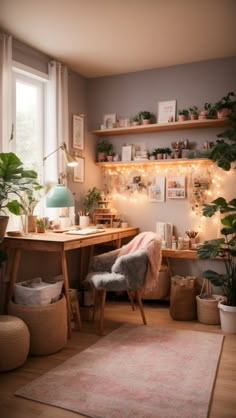 a home office with plants and lights on the wall