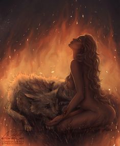 a woman sitting on top of a wolf in front of a fire filled sky with flames