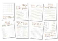 baby shower game cards with the words, what's your name? and other things to