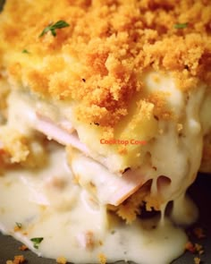 a close up of a plate of food with cheese and meat covered in gravy