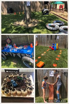 a collage of photos showing various activities in the yard and on the lawn, including an obstacle course, play area, and picnic table