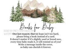 a watercolor painting with the words books for baby written in front of trees and mountains