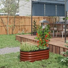 a deck with a planter in the middle