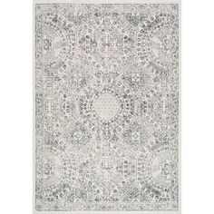 a white rug with an intricate design on the top and bottom, in grey tones