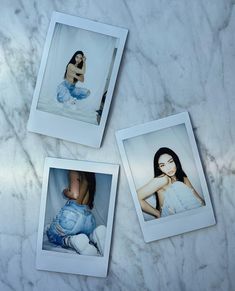 three polaroid photos of women sitting on a marble surface