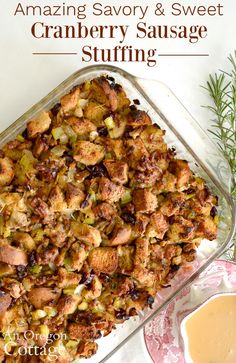 a casserole dish with cranberry sausage stuffing