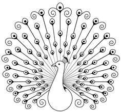 a black and white drawing of a peacock with its feathers spread out to the side