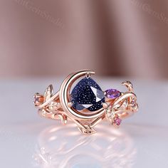 ☆Engagement Ring Details☆ -Center stone: 7mm  Blue Sandstone -Carat Weight: Approx 1.52 Ct. -Shape: Heart Shape -Side Stones: Natural Amethyst -Carat Weight: Approx 0.08 Ct. -Shape: Marquise cut & Round cut Band Width: 1.6mm ☆Material☆ 925 Sterling Silver, Rose Gold Plated, Yellow Gold Plated (Hypoallergenic, Nickel Free, Tarnish Resistant) Solid 10K/14K/18K Rose Gold/White Gold/Yellow gold(PLEASE choose 925 Sterling Silver or Platinum as material if you are allergic to nickel.) ☆Service Availab Star Engagement Ring, Blue Sandstone Engagement Ring, Sandstone Engagement Ring, Accesorios Aesthetic, Gold Galaxy, Engagement Ring Moissanite, Blue Sandstone, Detailed Engagement Ring, Unique Engagement Ring