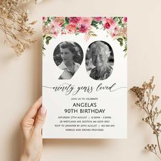 a woman's hand holding up a birthday card with two women in floral frame