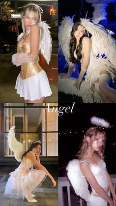 four different pictures of women dressed in costumes with angel wings and headdresss