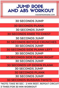 the jump rope and abs workout schedule is shown in red, white and blue colors