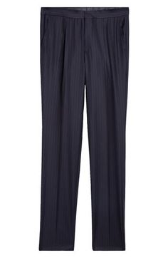 Lounge leisurely in pleated wool pants skilfully crafted in Italy with slender pinstripes and conveniently placed pockets. 33" inseam; 14" leg opening; 12" front rise; 16" back rise (size 48 EU) Zip fly with hook-and-bar closure Front slant pockets 100% wool Dry clean Made in Italy Men's Designer Clothing Classic Pinstripe Wide-leg Dress Pants, Classic Pinstripe Wide Leg Dress Pants, Tailored Pinstripe Pants With Belt Loops, Elegant Striped Pants With Welt Pockets, Tailored Pinstripe Tapered Leg Pants, Pinstripe Tapered Leg Business Bottoms, Pinstripe Tapered Leg Pants With Welt Pockets, Pinstripe Pants With Welt Pockets And Tapered Leg, Formal Straight Pants With Vertical Stripes