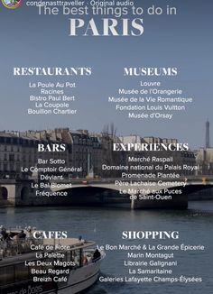 the best things to do in paris, france info sheet with text overlaying it